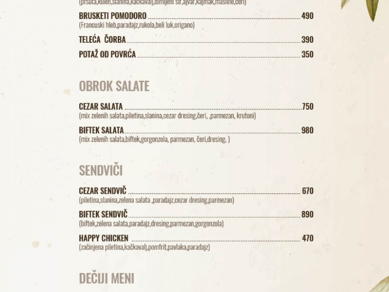 Topla predjela-Obrok salate-Sendviči-Dečiji meni