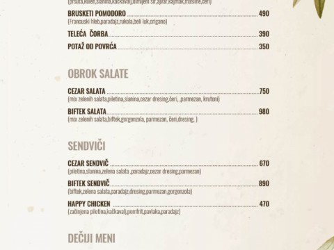 Topla predjela-Obrok salate-Sendviči-Dečiji meni